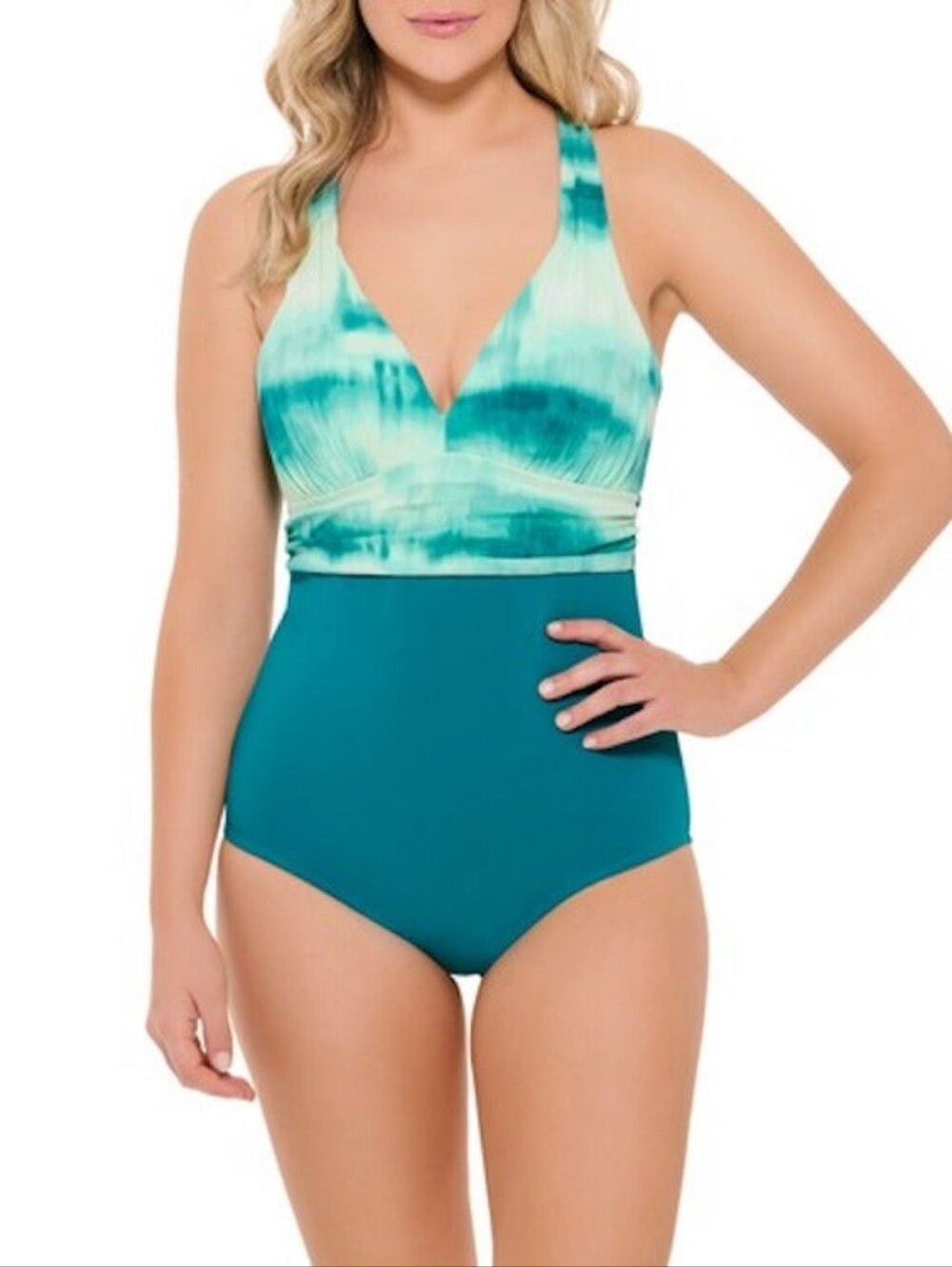 Christina Swimwear Turquoise Dye One Piece V-Neck Swimsuit Teal Womens Size 10
